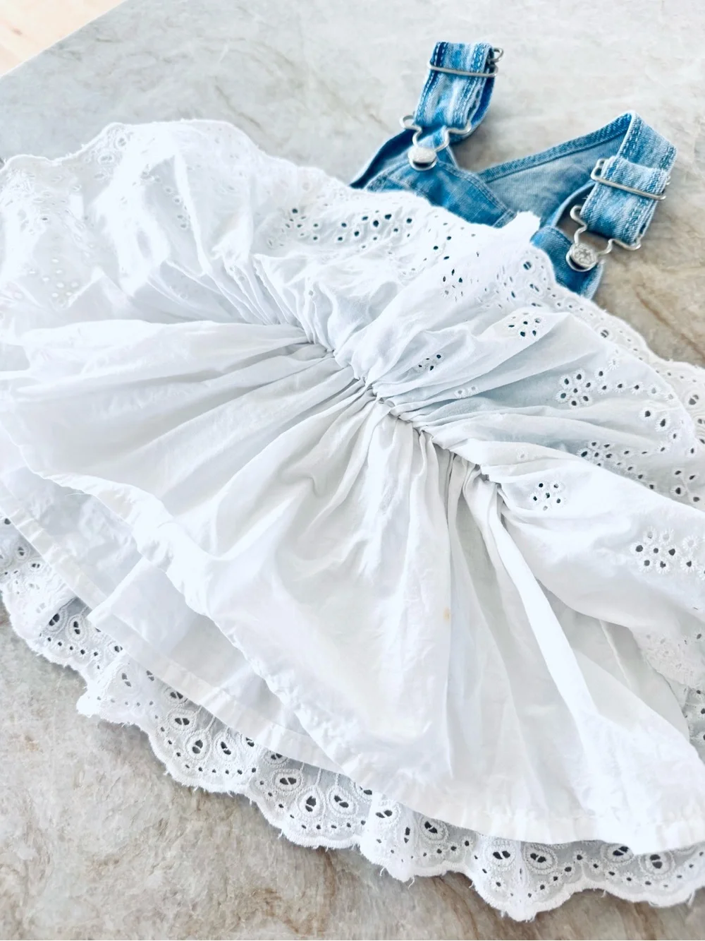 OshKosh B’gosh Baby Girl Dress 12M Denim Eyelet Lace White Cotton Sundress